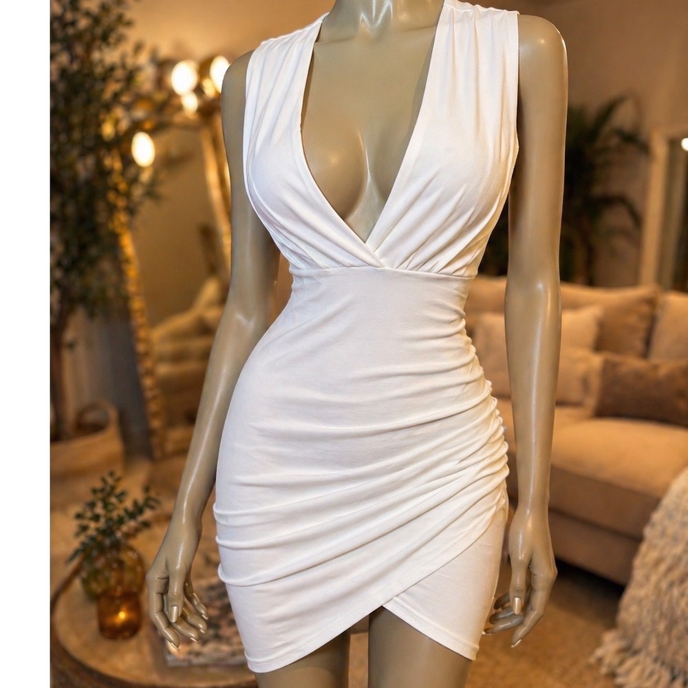 White Bodycon Mini‎ Dress Ruched Tulip Hem Deep V Fitted Lulus Size S